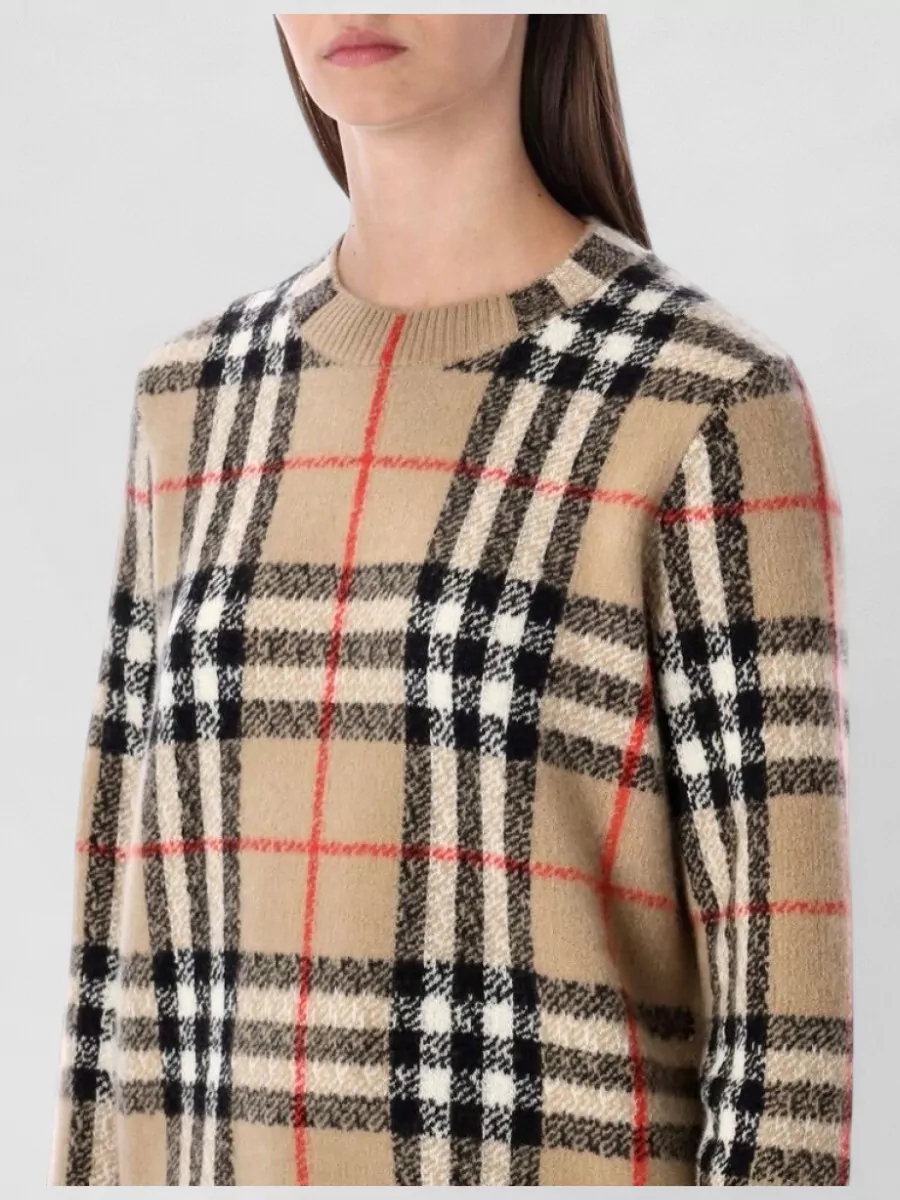 Burberry Cashmere Wool Checked Ribbed Crew Neck Long-Sleeve Jumper