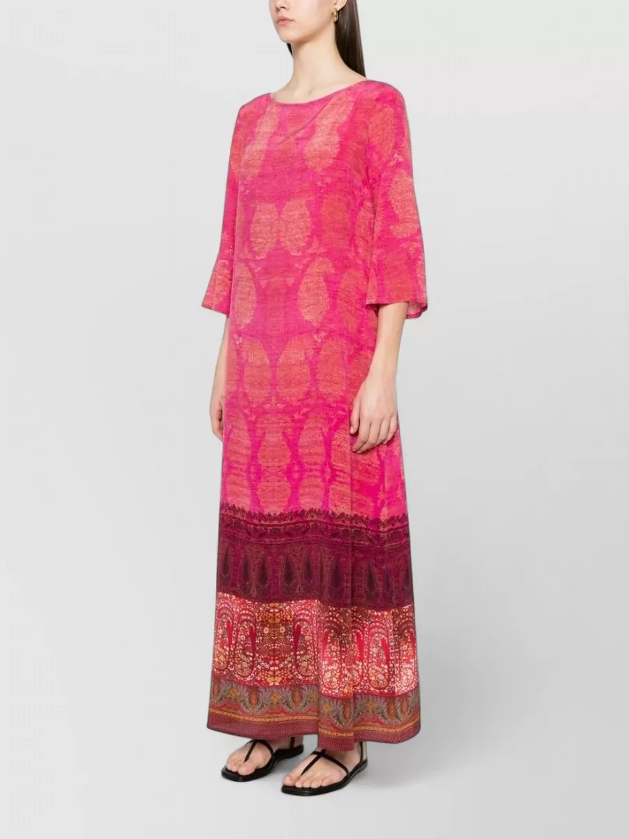 Pierre Louise Mascia Silk Printed Boat Neck Three Quarter Sleeve Maxi Dress