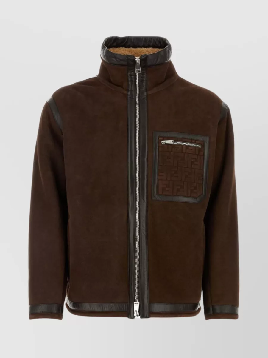 Shop Fendi Drawstring Neck Suede Jacket In Brown