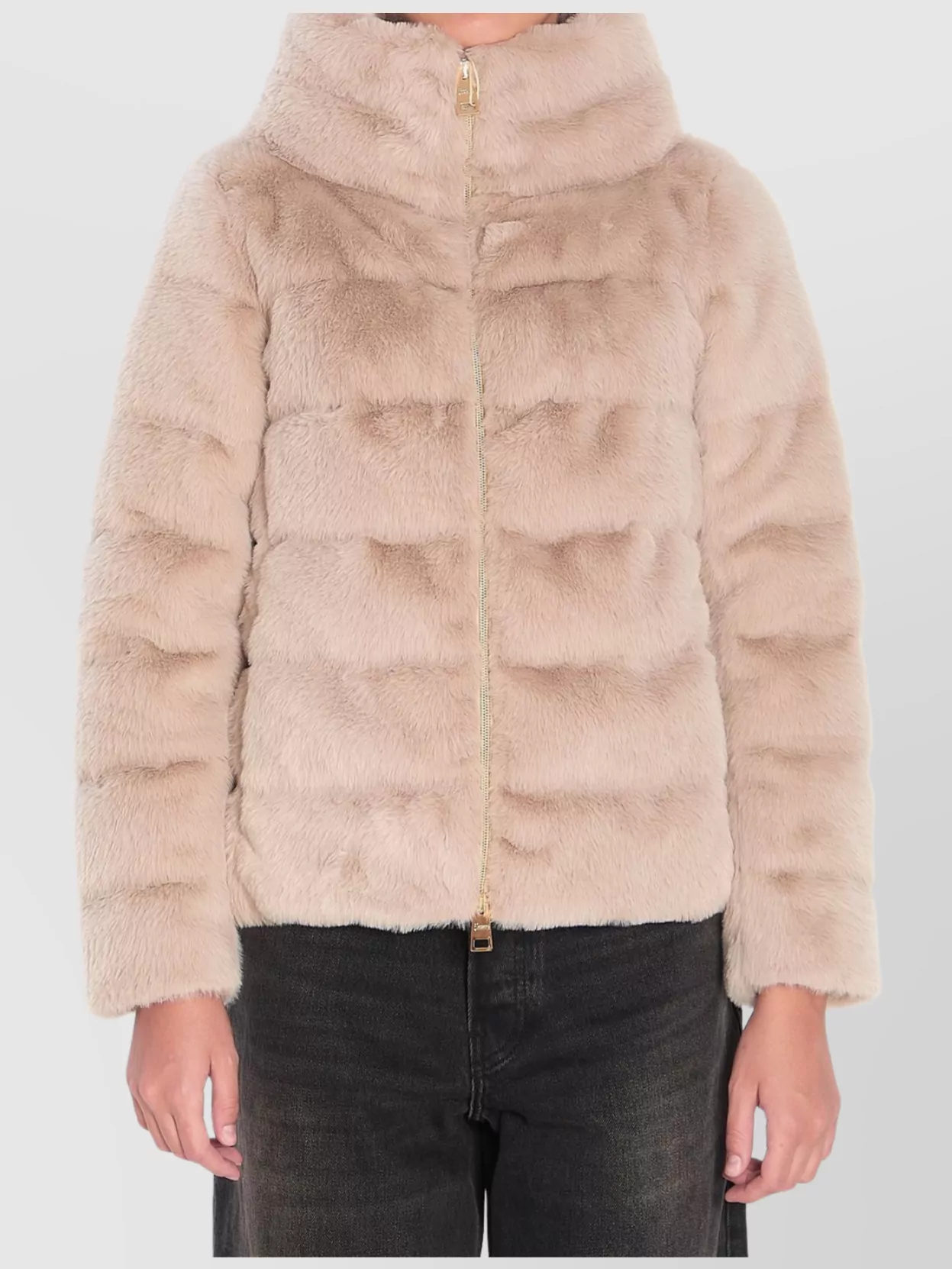 Herno Faux Fur Down Jacket With High Collar In Neutral