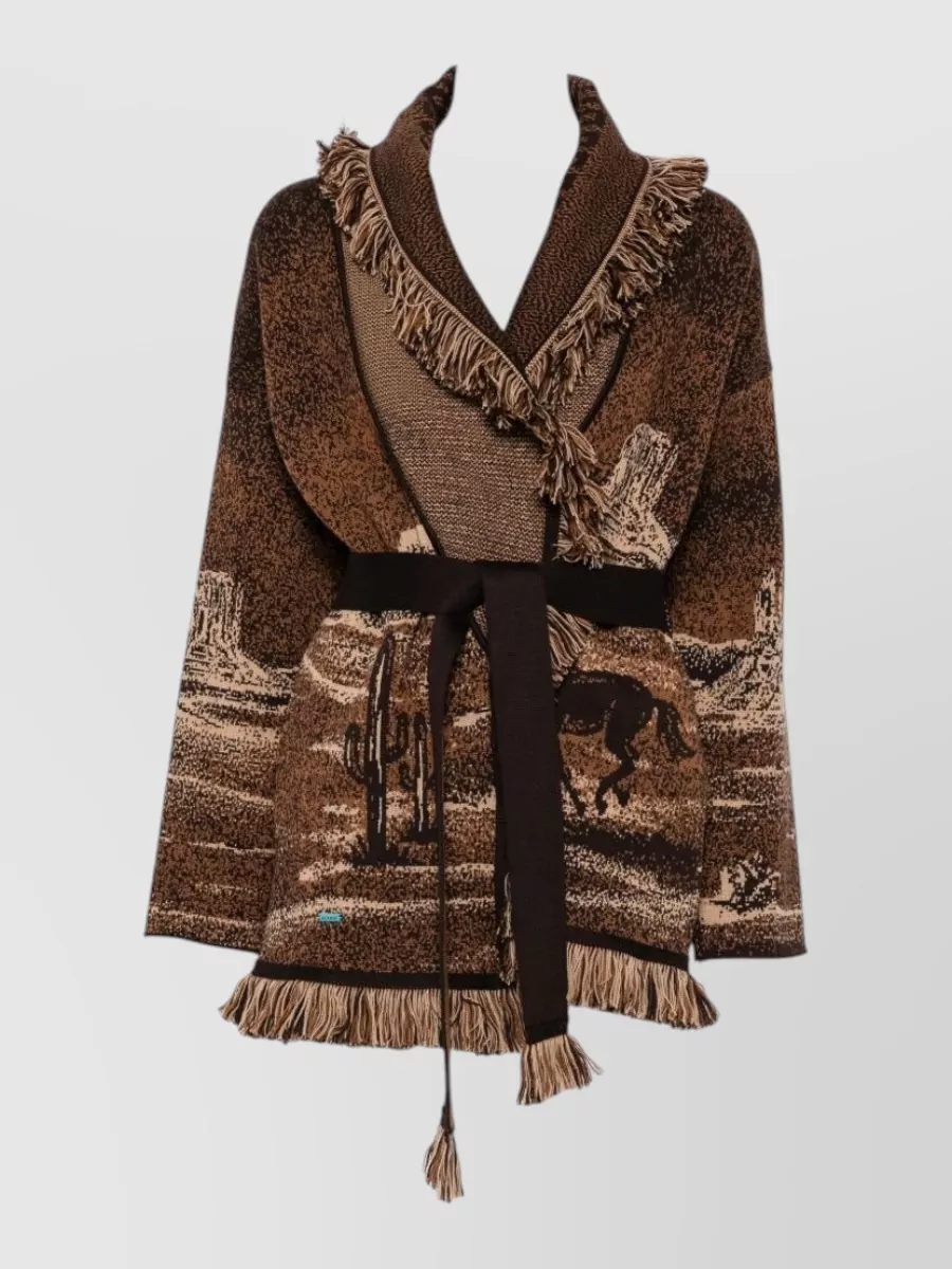 Alanui virgin wool jacquard fringe belted oversized coat