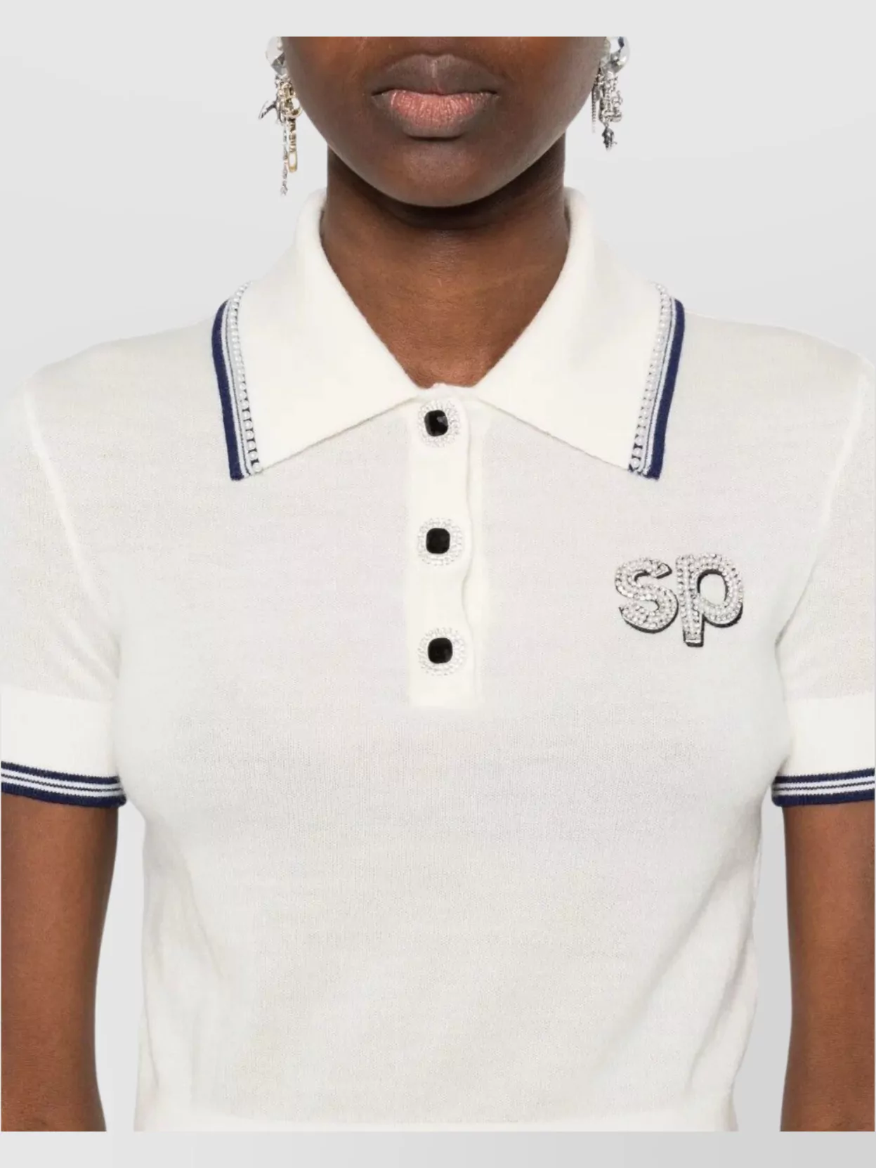 Self-Portrait Knit Polo Top Crystal Decoration