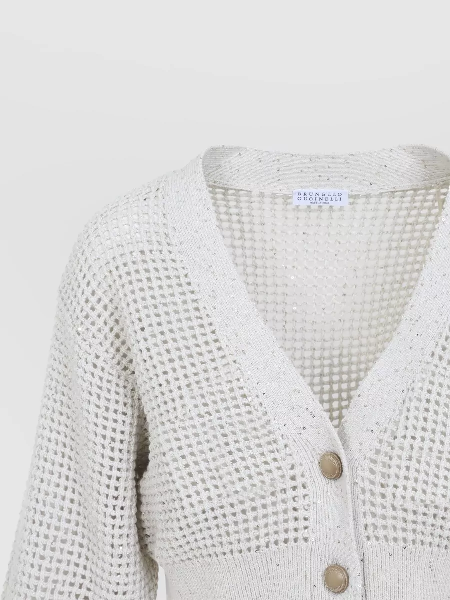 Brunello Cucinelli Crochet Cropped V-Neck Cardigan