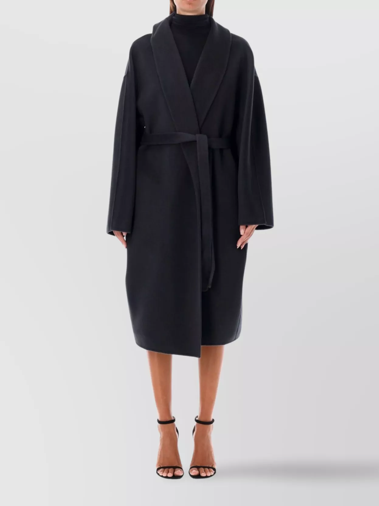 Philosophy Waist Belted Long Length Shawl Collar Coat In Black