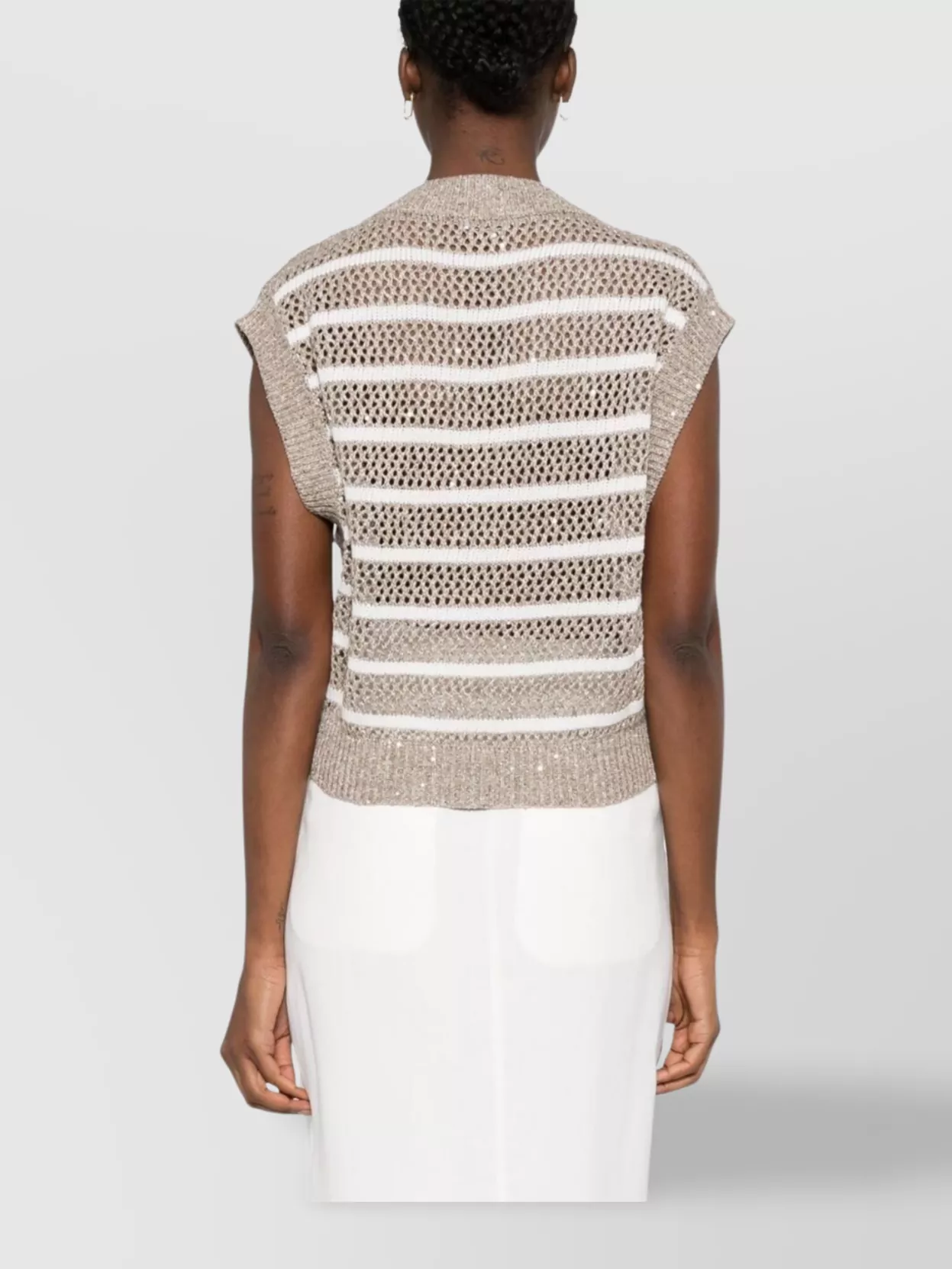 BRUNELLO CUCINELLI SLEEVELESS V-NECK KNIT TOP STRIPES