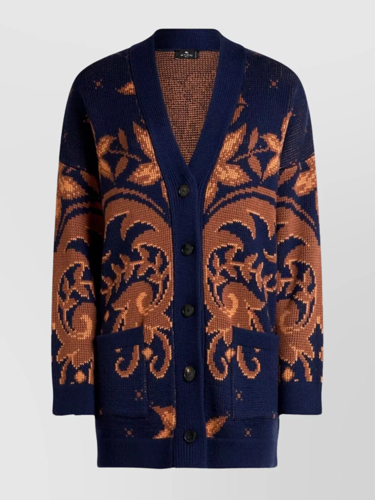 Etro Wool Jacquard V-neck Cardigan With Front Pockets In Blue