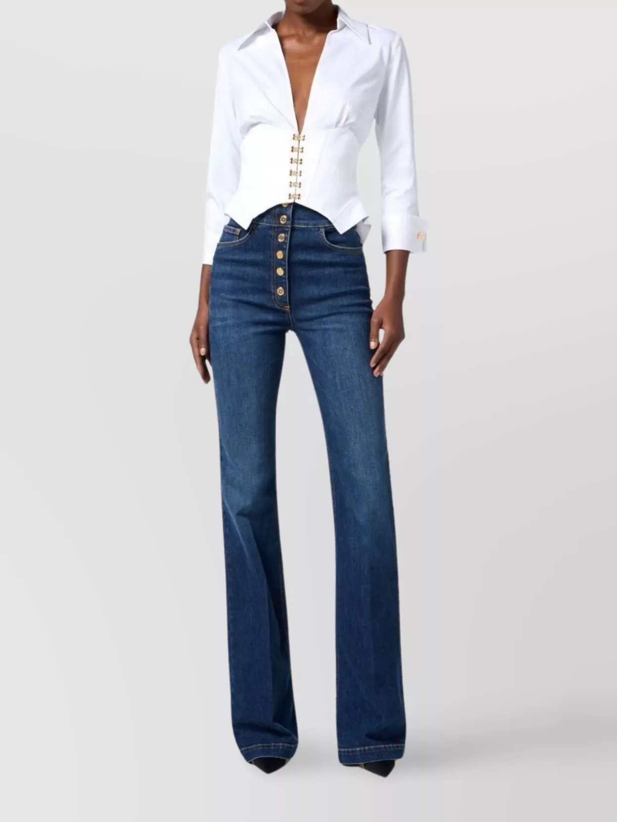 Elisabetta Franchi V-Neck Long Sleeve Top With Gold Buttons
