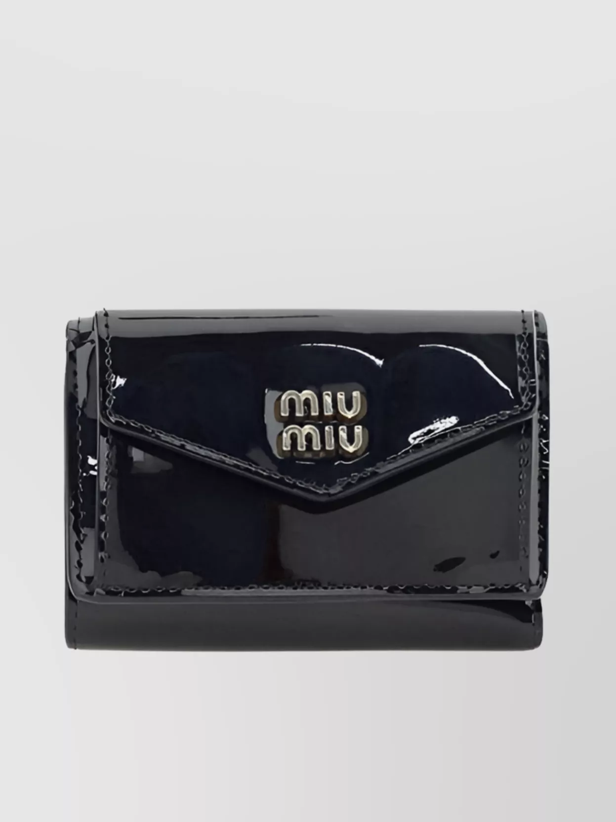 Miu Miu Calfskin Chain Trifold Varnished Leather Wallet In Blue