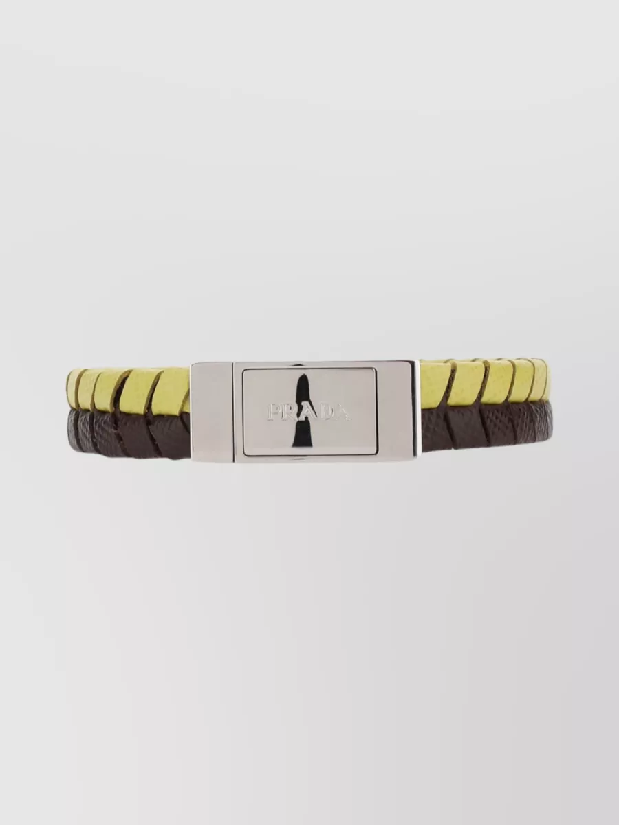 Shop Prada Leather Braid Duo Bracelet In Yellow