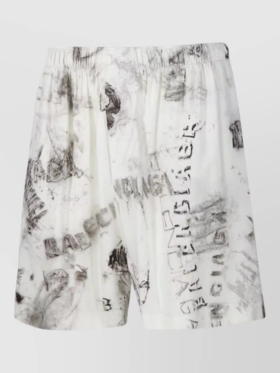 Balenciaga Nylon Silk Graphic Print Shorts Side Pockets