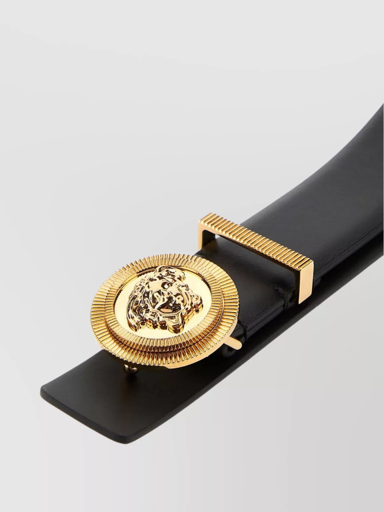 Versace Medusa Streamlined Leather Belt With Adjustable Length And Gold-Tone Buckle