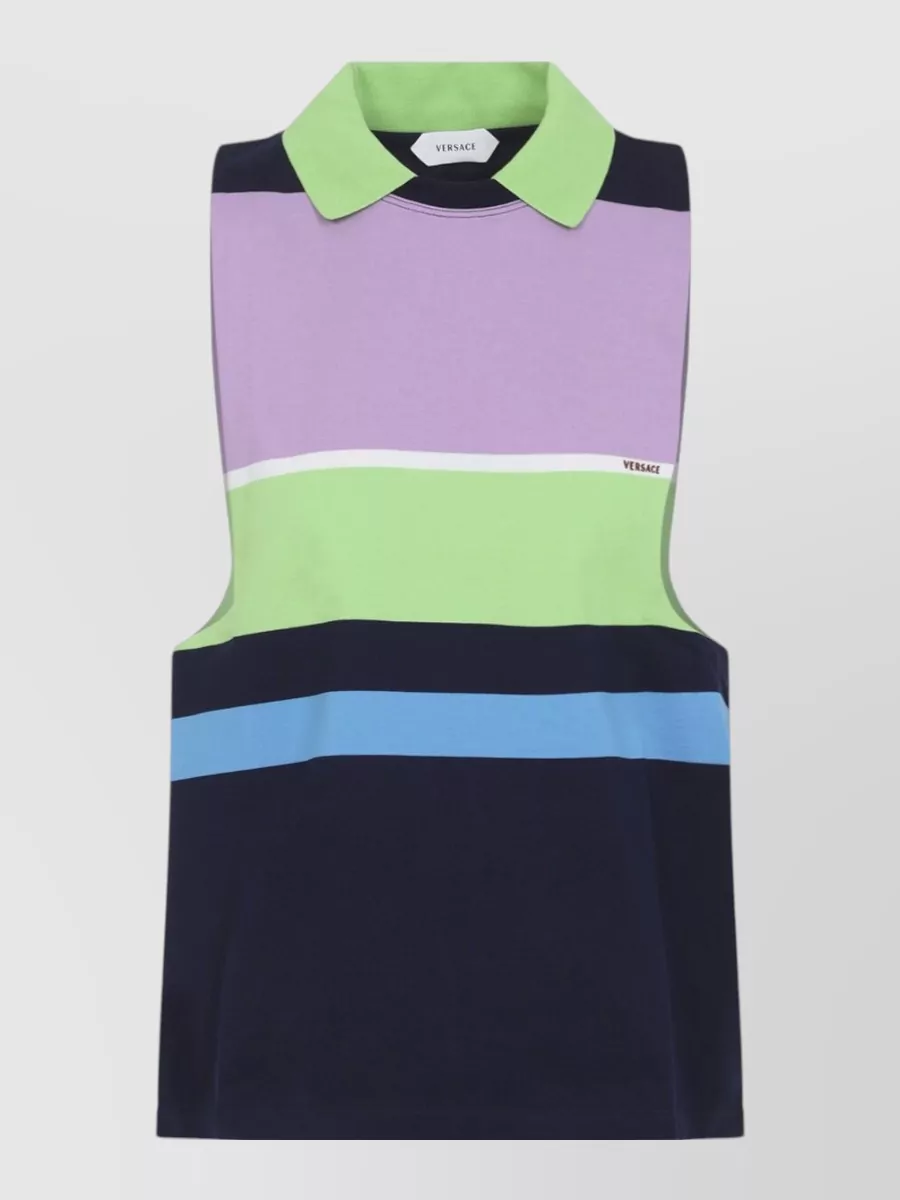 Versace Striped Sleeveless Cotton Polo Top