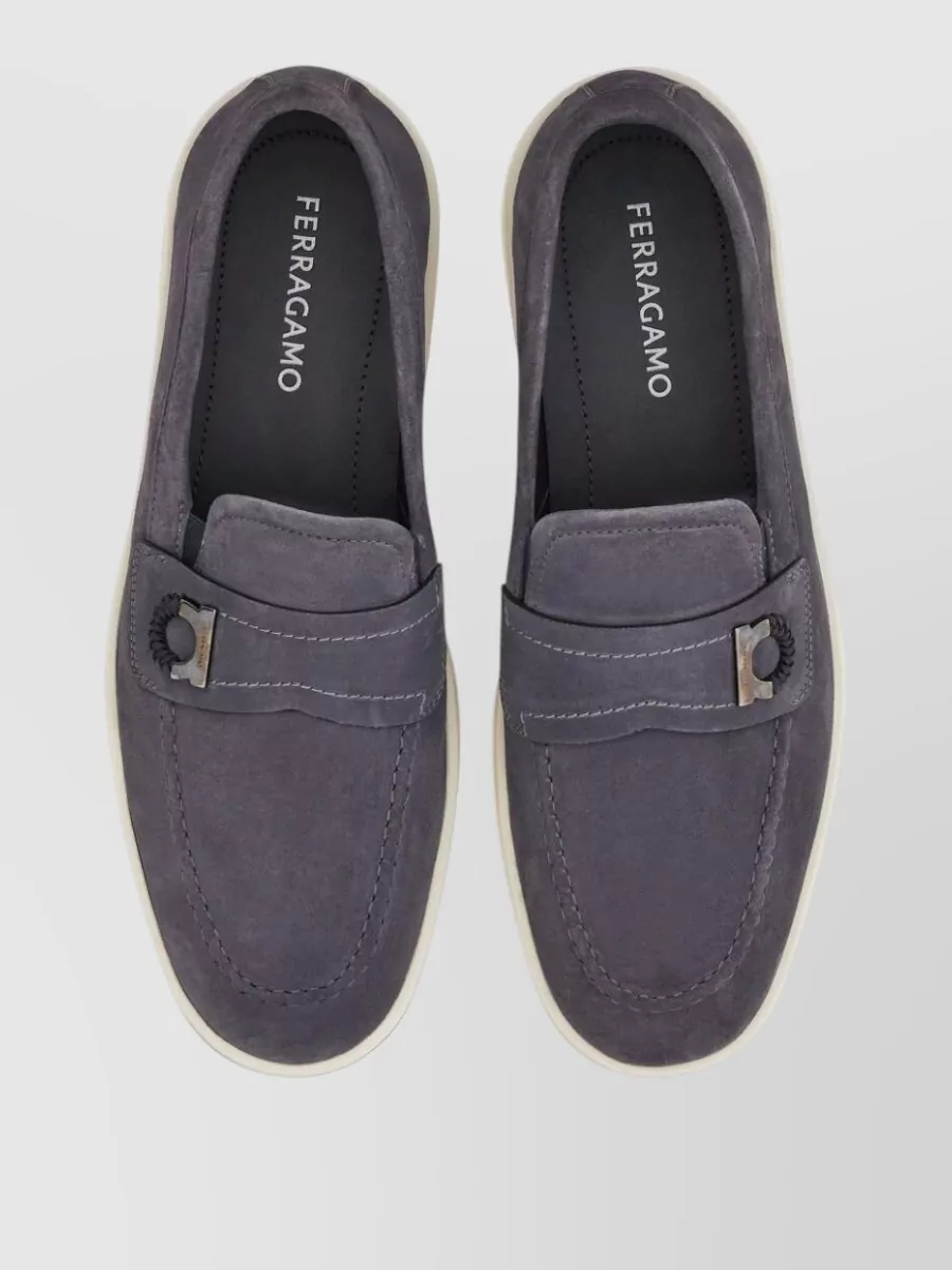 Ferragamo Suede Leather Loafers Round Toe Rubber Sole
