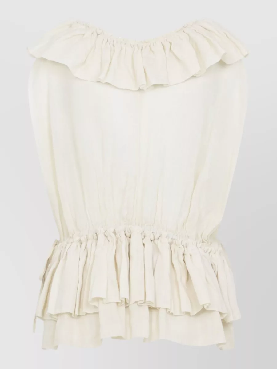 Dries Van Noten Ramie V-Neck Ruffled Sleeveless Asymmetric Blouse