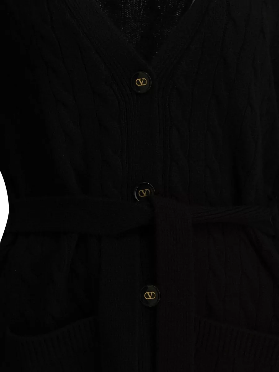 Valentino Cashmere Cable-Knit V-Neck Long-Sleeve Belted Cardigan