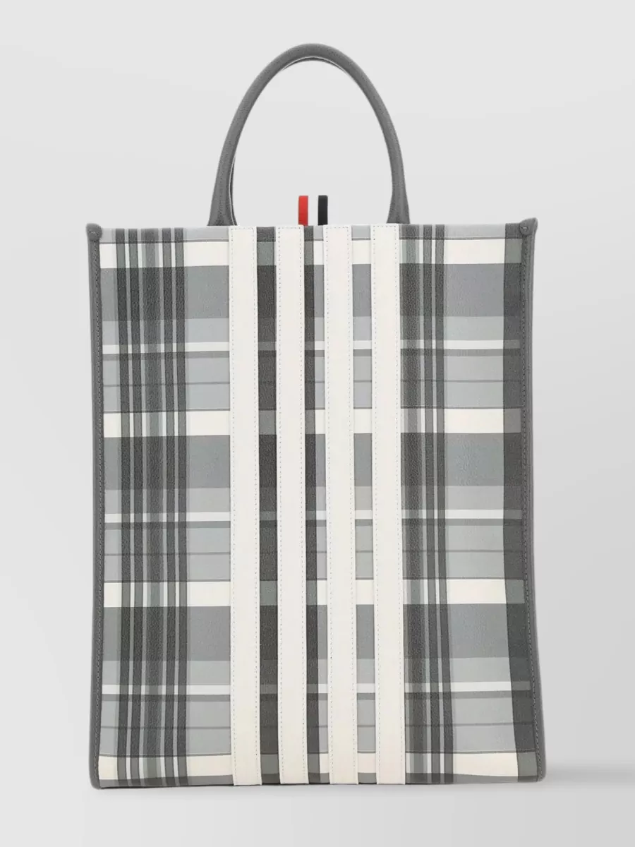Shop Thom Browne Checked Print Leather Shopping Bag In Grey