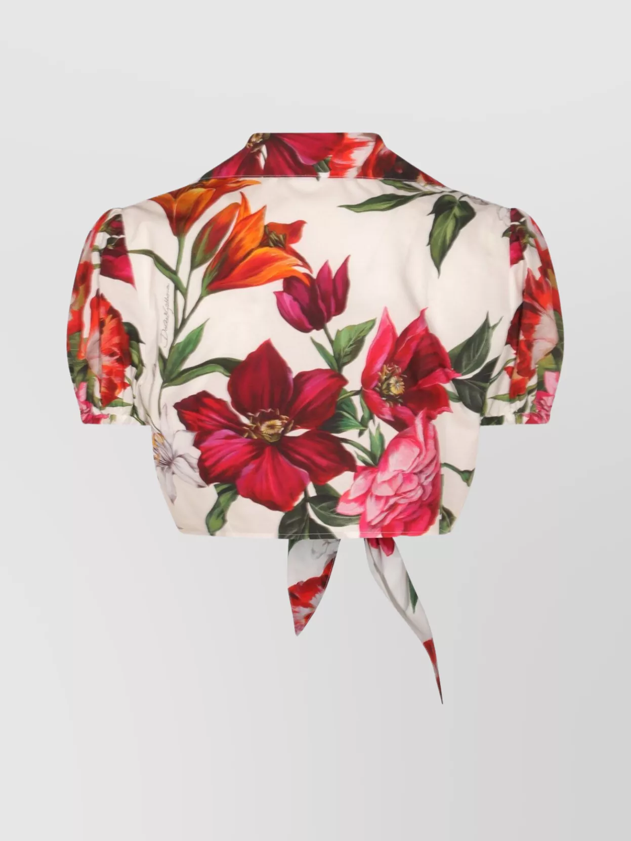 Dolce & Gabbana Anemone Floral Popeline Puff-sleeve Tie Crop Shirt In Multi