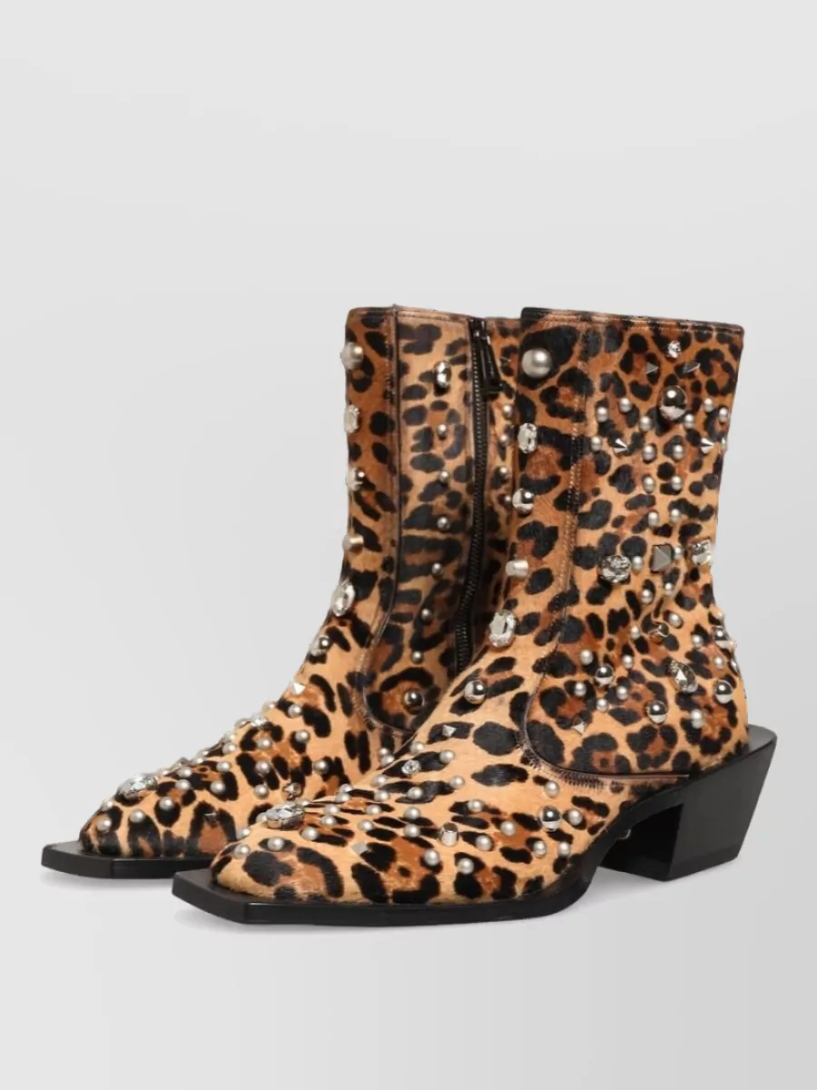 Dolce&Gabbana Leopard Embellished Mid Calf Leather Boots