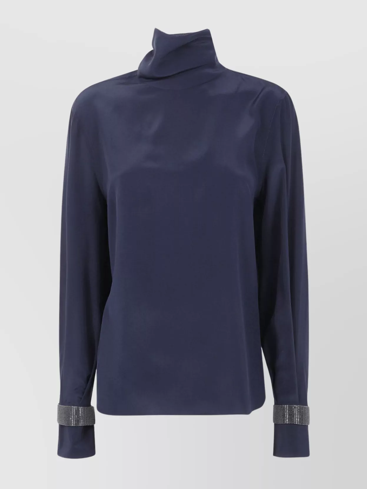 Brunello Cucinelli Embellished Cuffs Mock Neck Blouse In Blue
