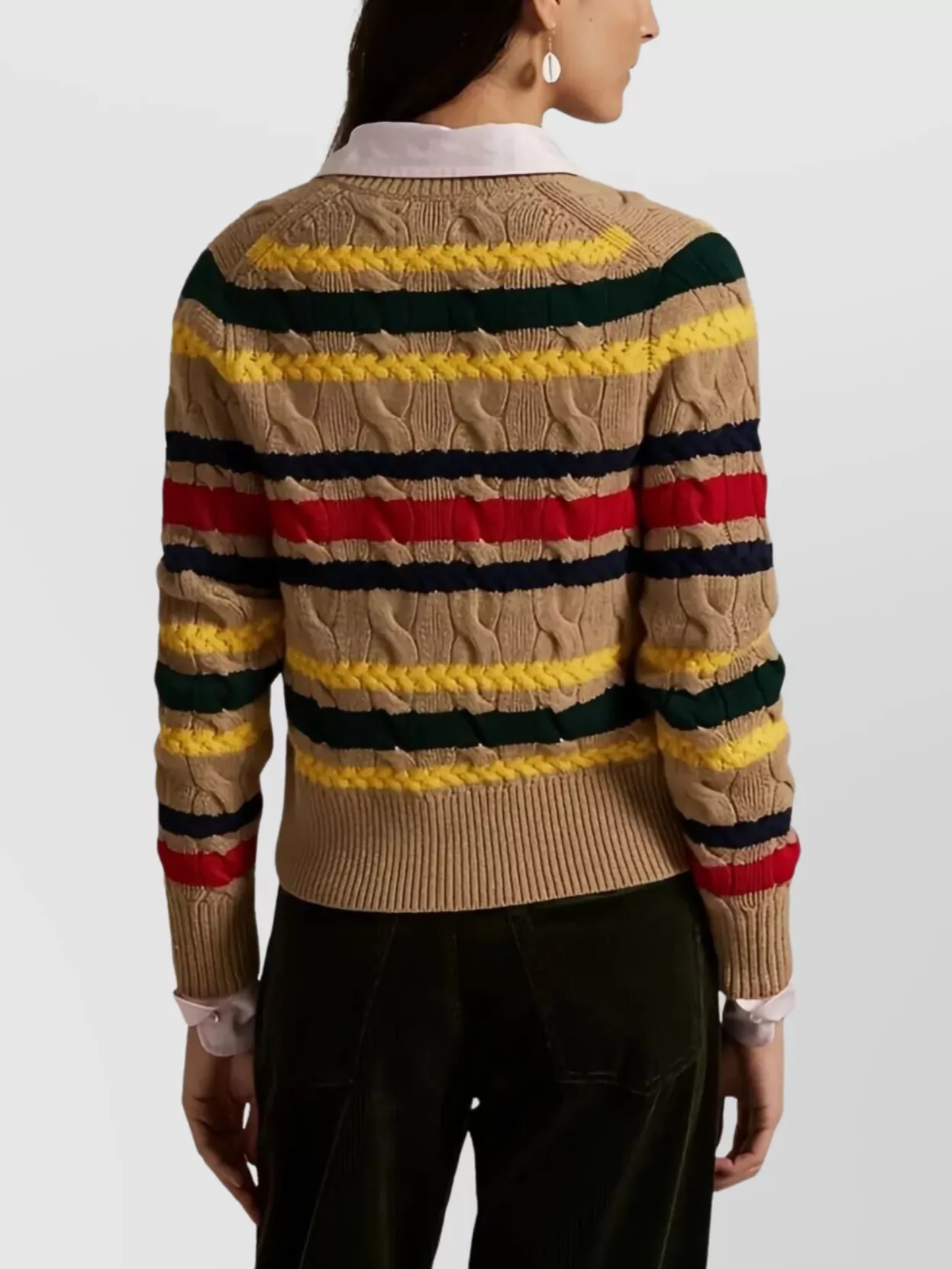 Polo Ralph Lauren Striped Cable Knit Cardigan With Ribbed Cuffs And Hem