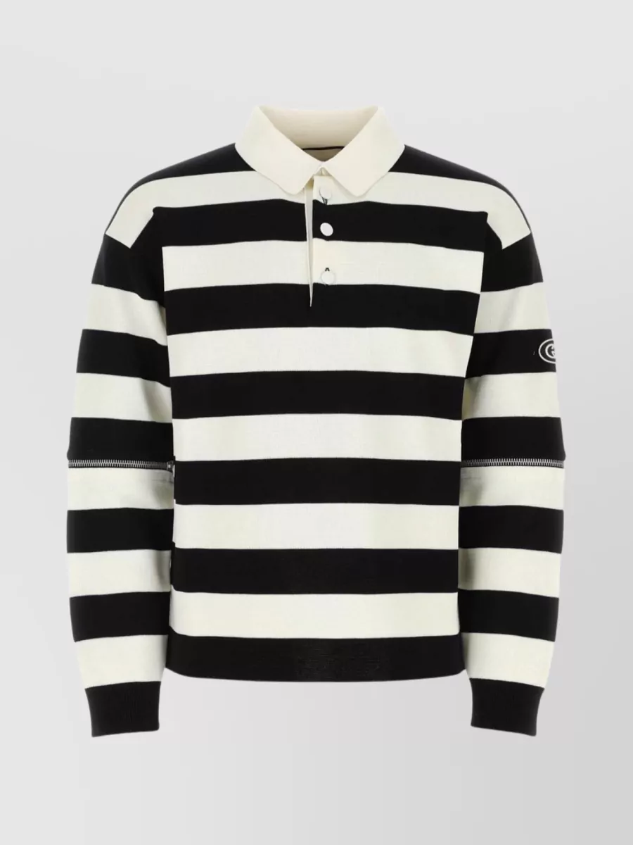 Shop Gucci Striped Cotton Polo With Embroidered Detail In Black