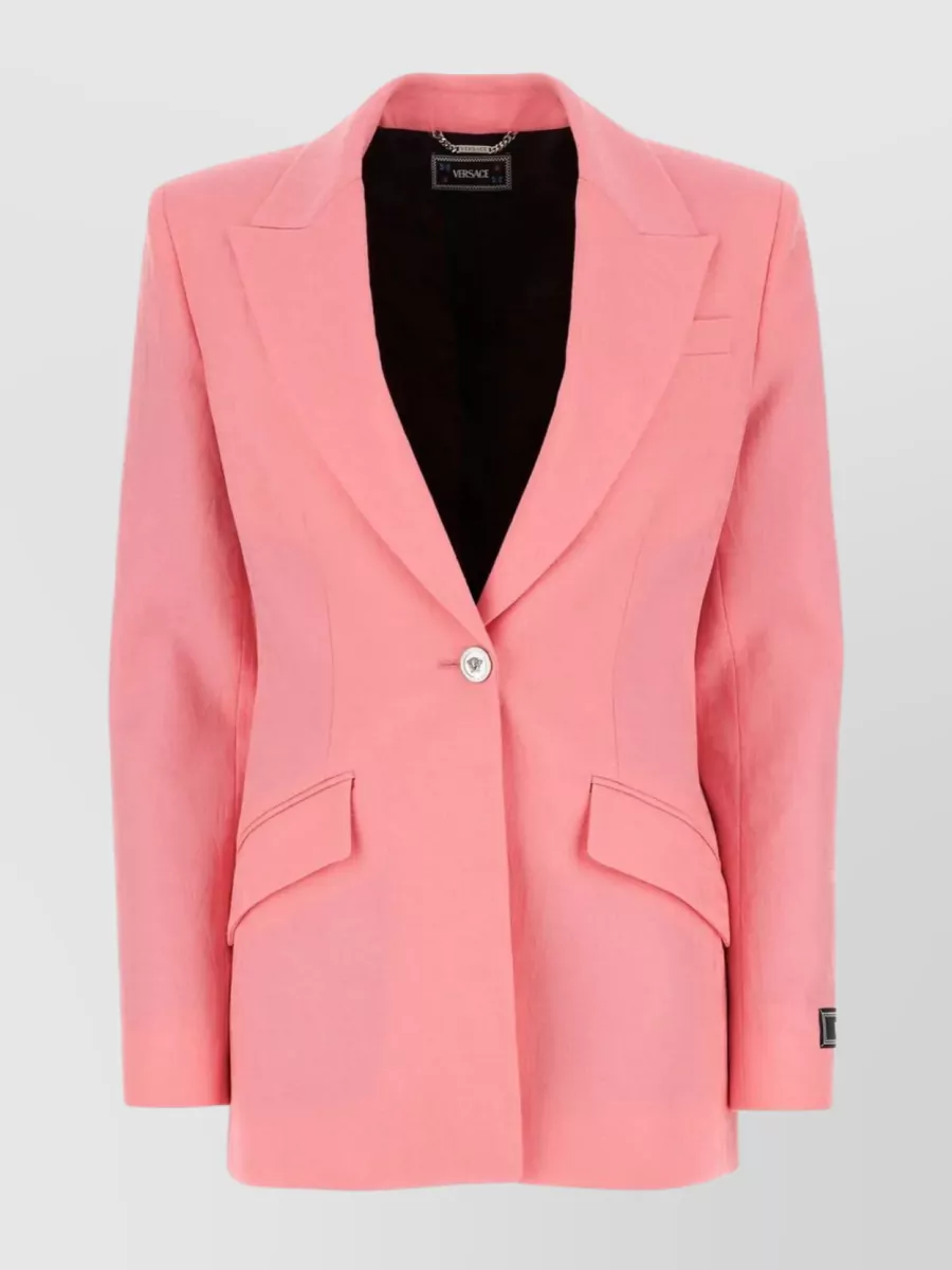 Shop Versace Embroidered Wool Jacquard Blazer With Back Slit In Pink