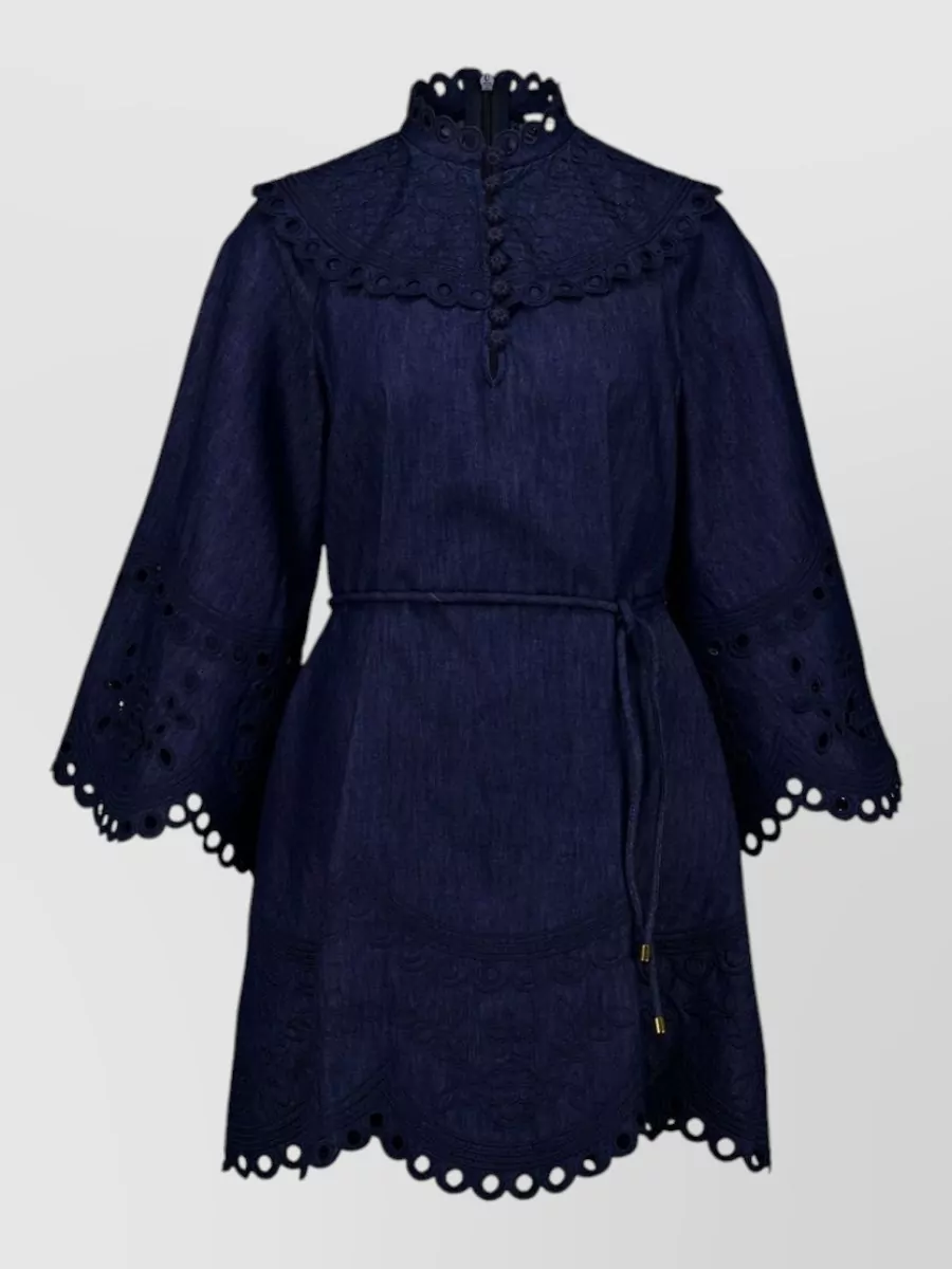 Zimmermann Denim broderie high-neck mini dress