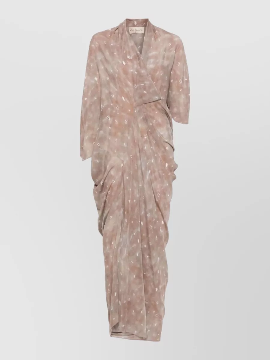 Cortana Silk V-Neck Asymmetric-Sleeve Side-Slit Pleated Maxi Dress
