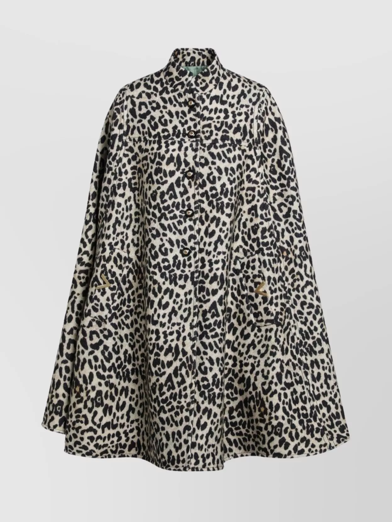 Valentino Wool Cape With Leopard Print And Pockets In Black