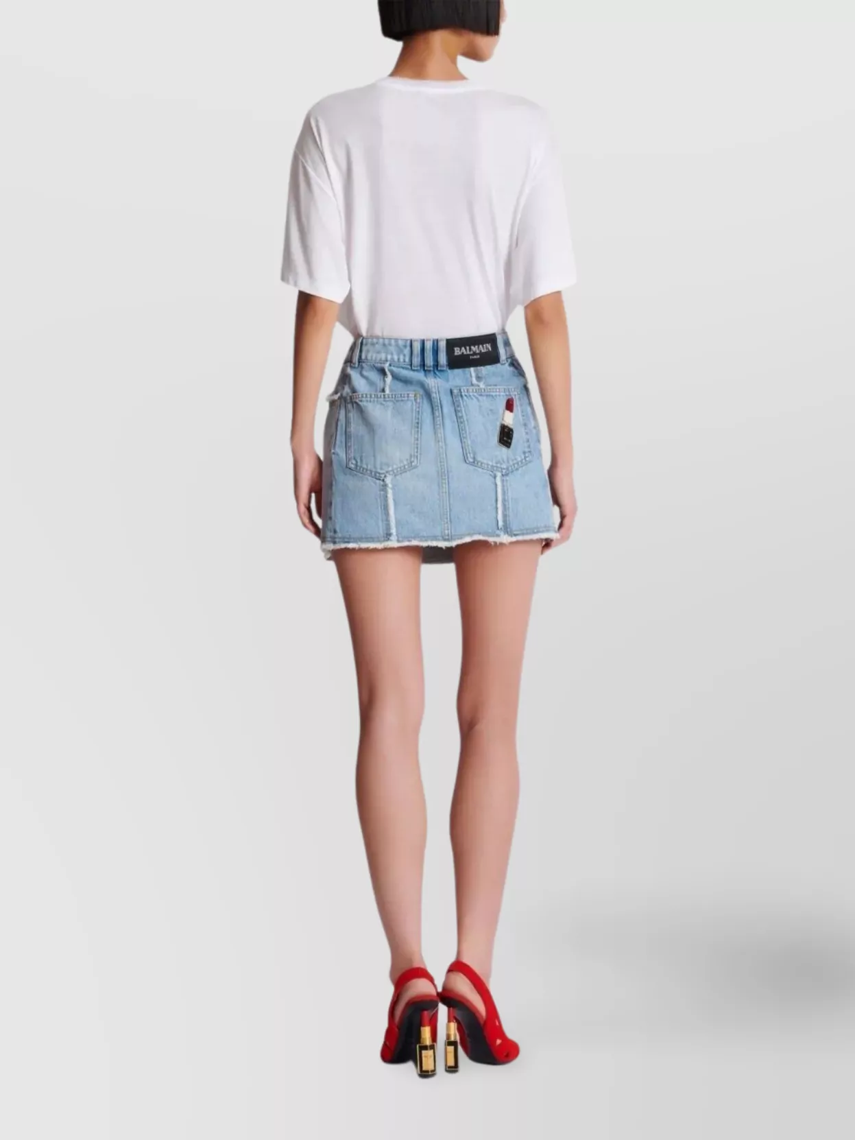 Shop Balmain Short Denim Skirt Raw Hem In Blue