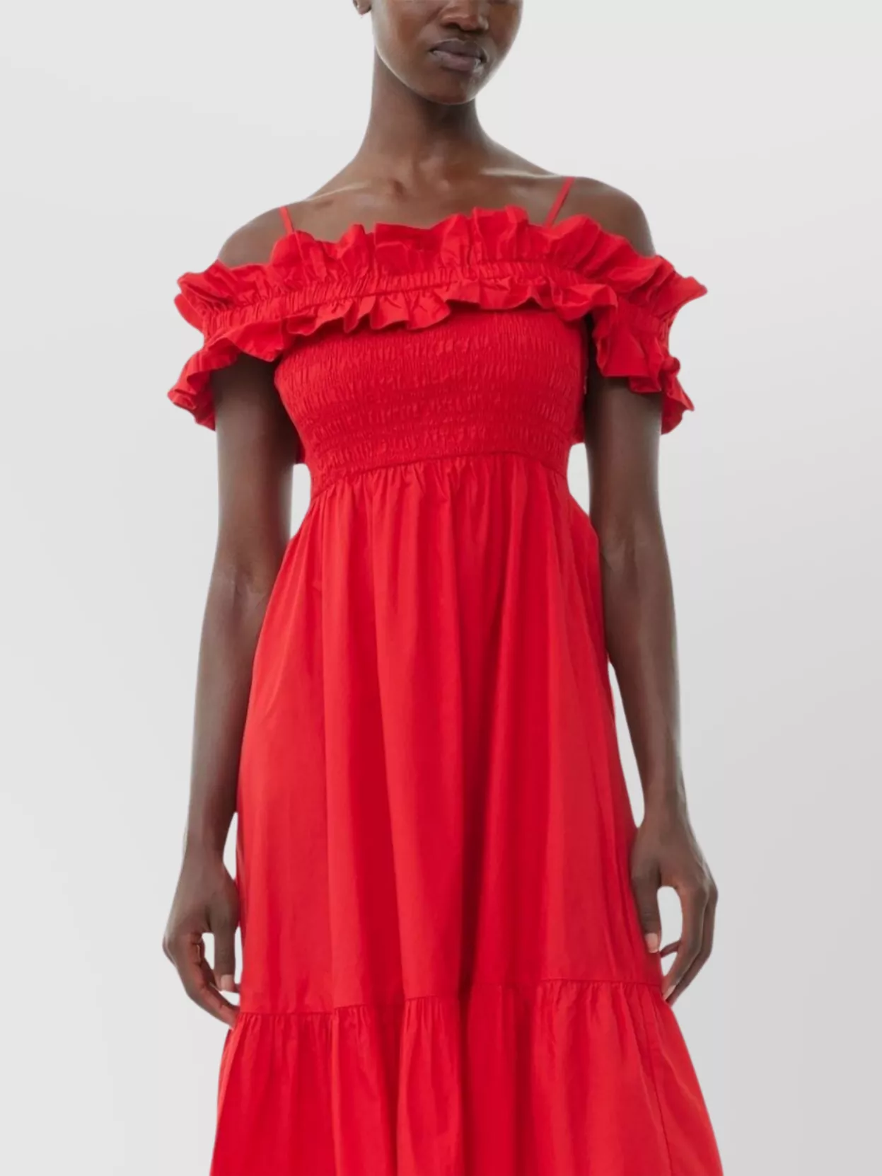 Ganni Long Cotton Dress Off-The-Shoulder Design