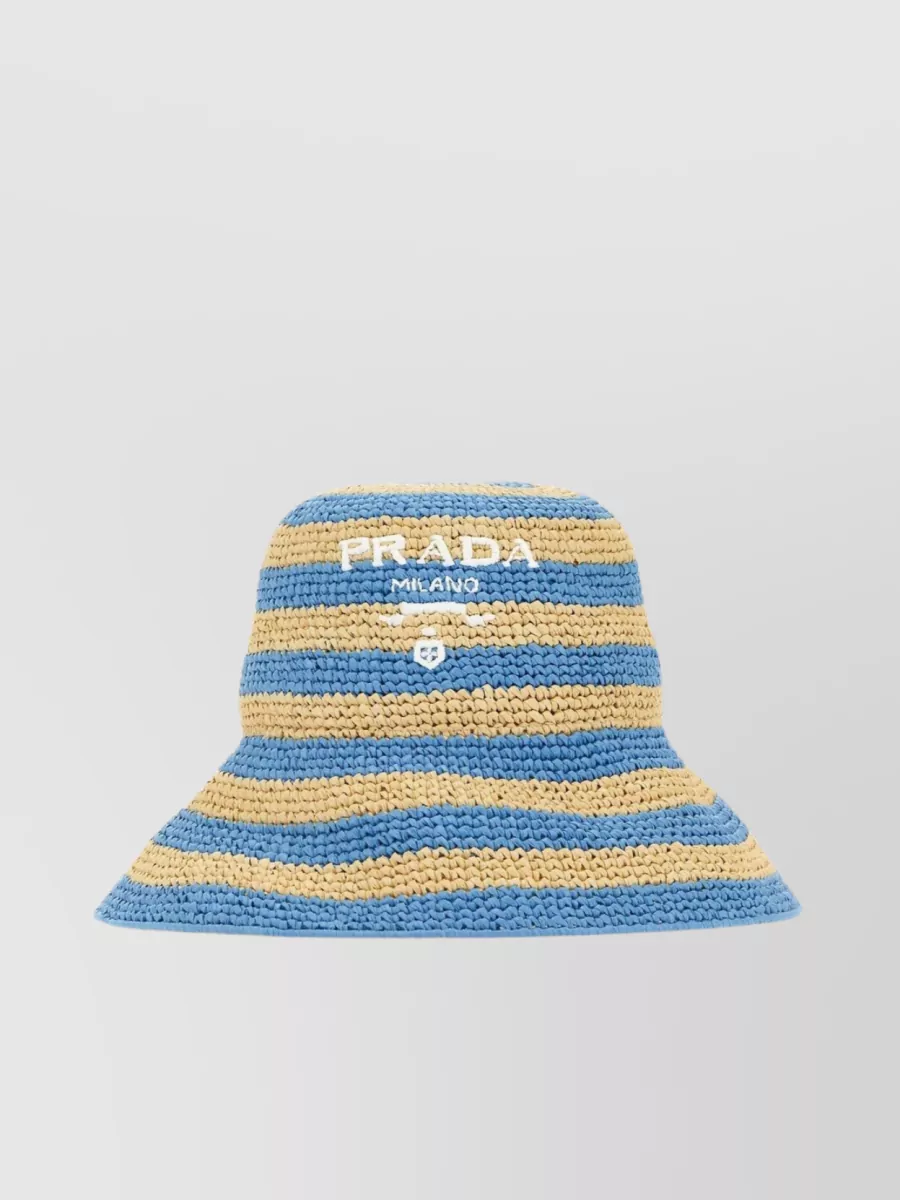 Shop Prada Striped Embroidered Raffia Hat In Cream