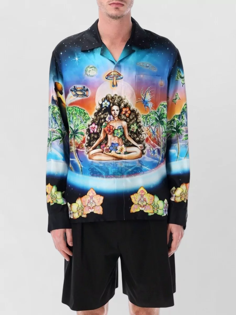 Casablanca Silk Printed Relaxed-Fit Long-Sleeve Cuban-Collar Shirt