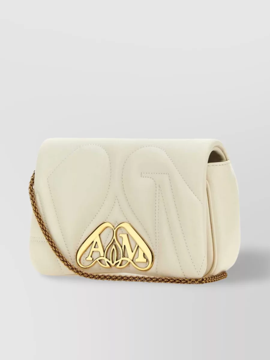 Shop Alexander Mcqueen Compact Quilted Seal Clutch With Chain Strap In Cream