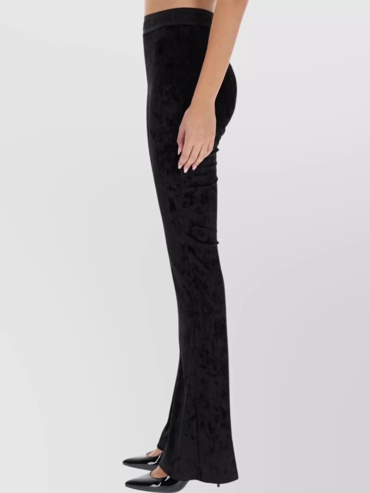 Versace Jeans Couture Velvet Flared Leg Trousers With Elastic Waistband In Black