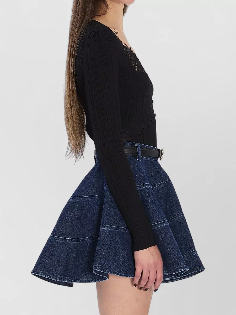 Self-Portrait Lace Knit Long-Sleeve V-Neck Top