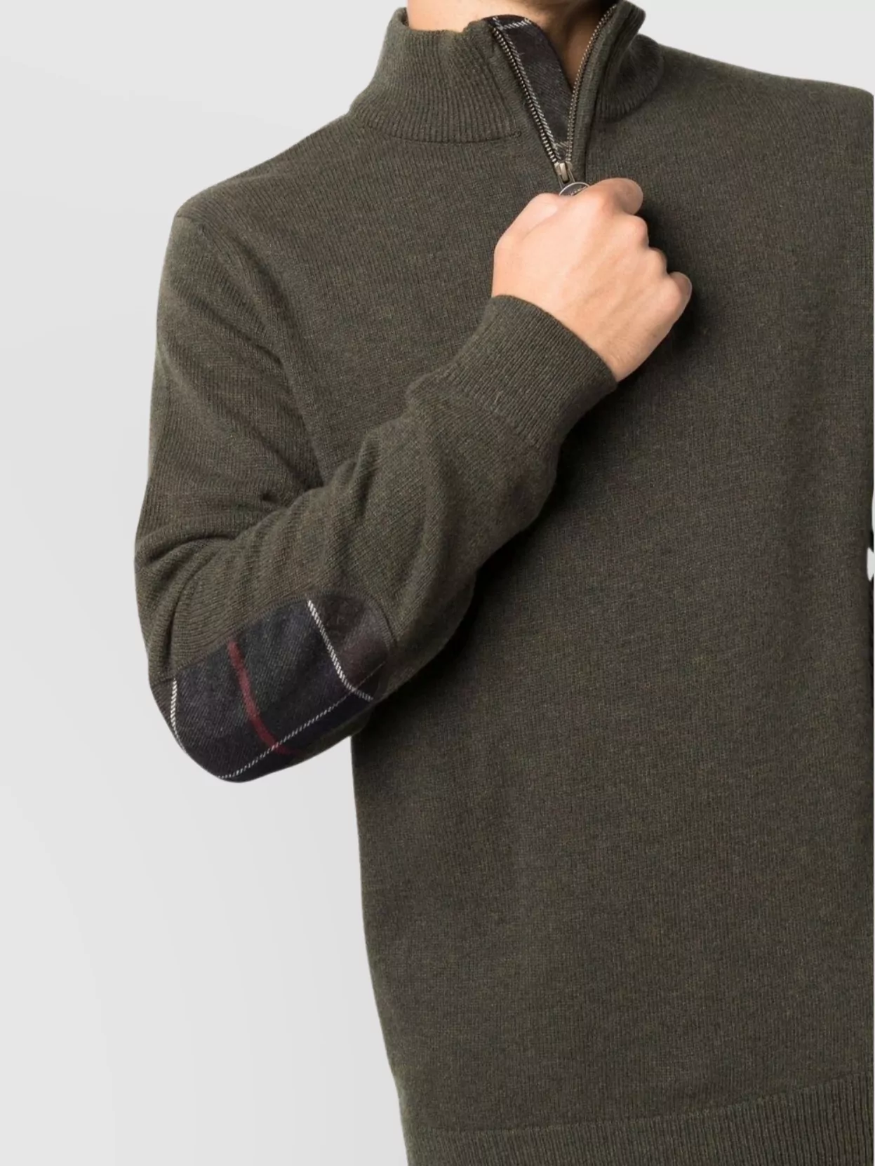 Barbour Khaki-green Wool Half-zip Sweater With Ribbed Edges And Elbow Patches In Gray