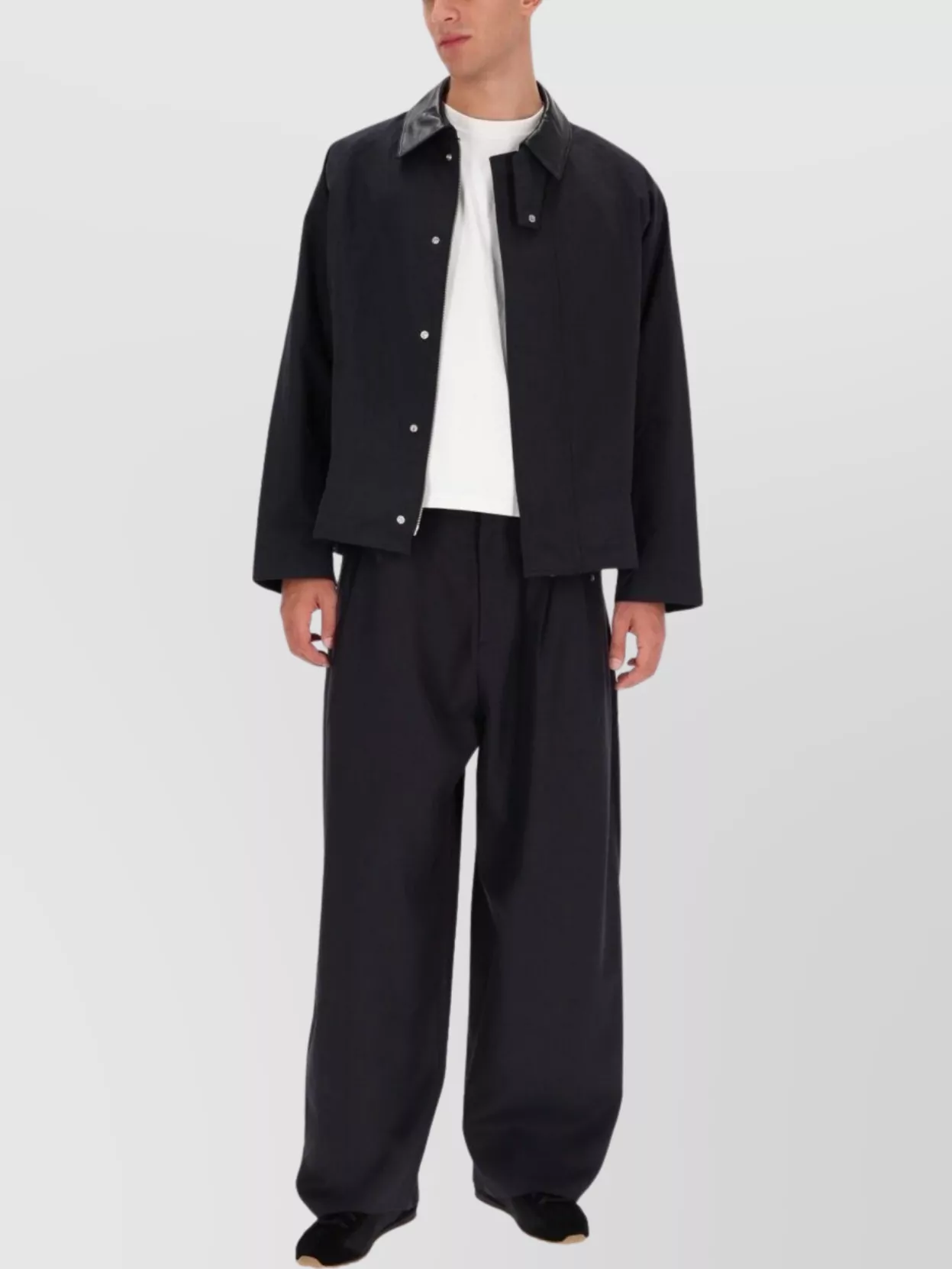 Studio Nicholson Long Sleeve Jacket With Front Pockets And Leather Collar In Black
