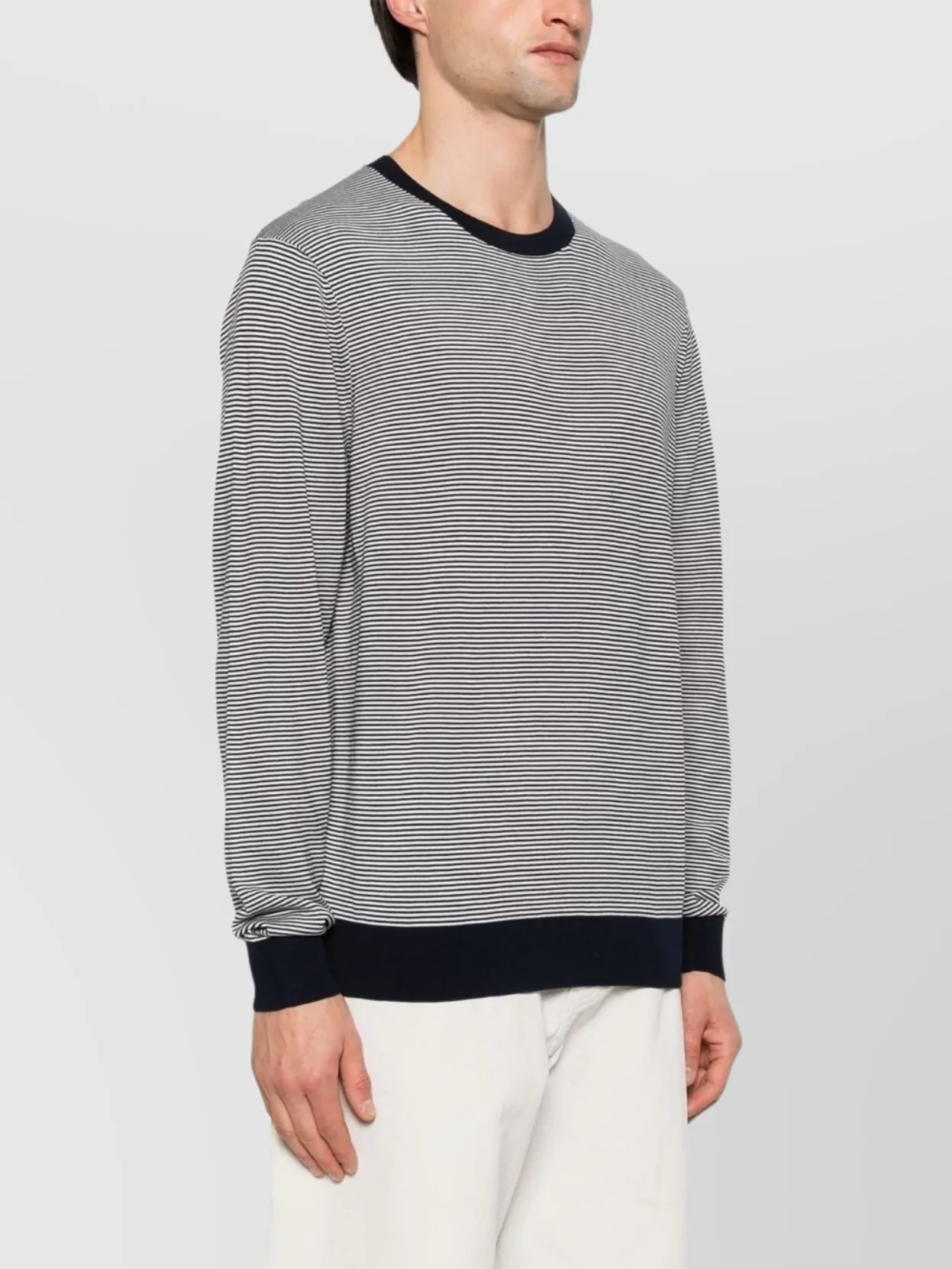Shop Tommy Hilfiger Crew Neck Striped Cotton Sweater In Grey