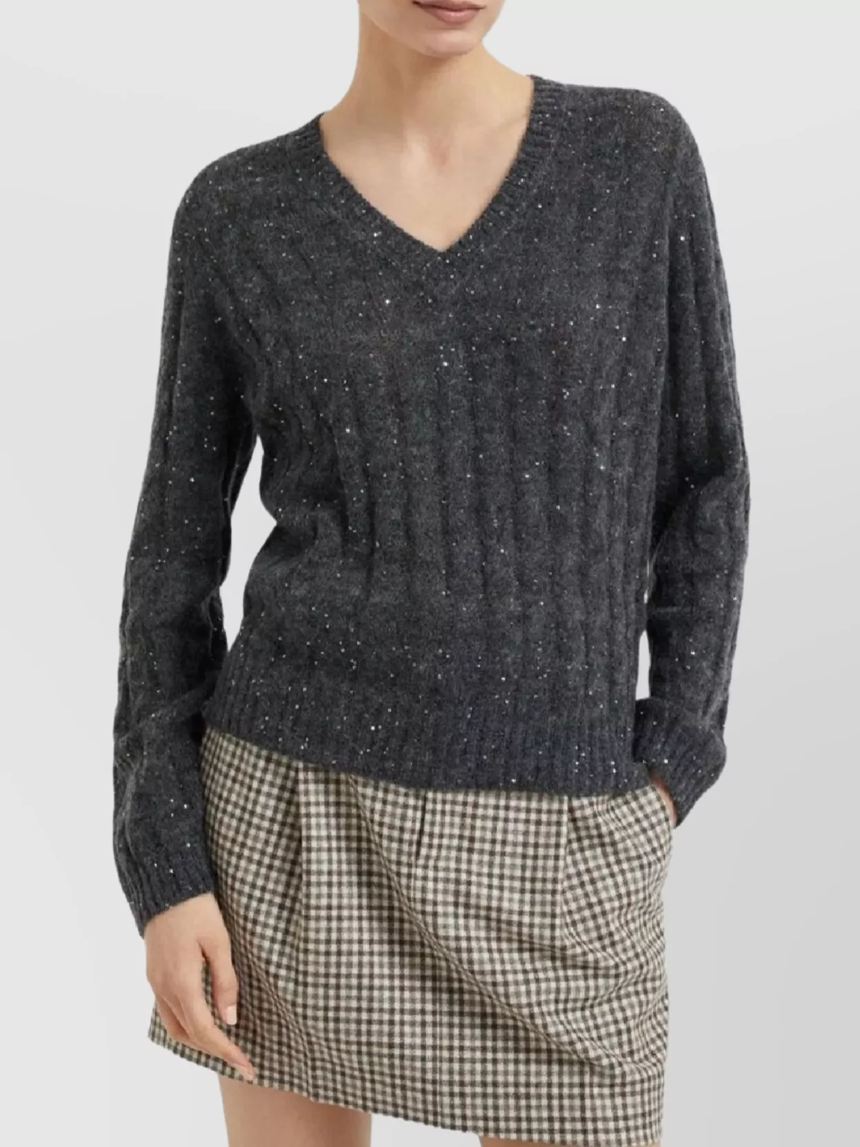 Brunello Cucinelli V-Neck Cable Knit Sequin Sweater