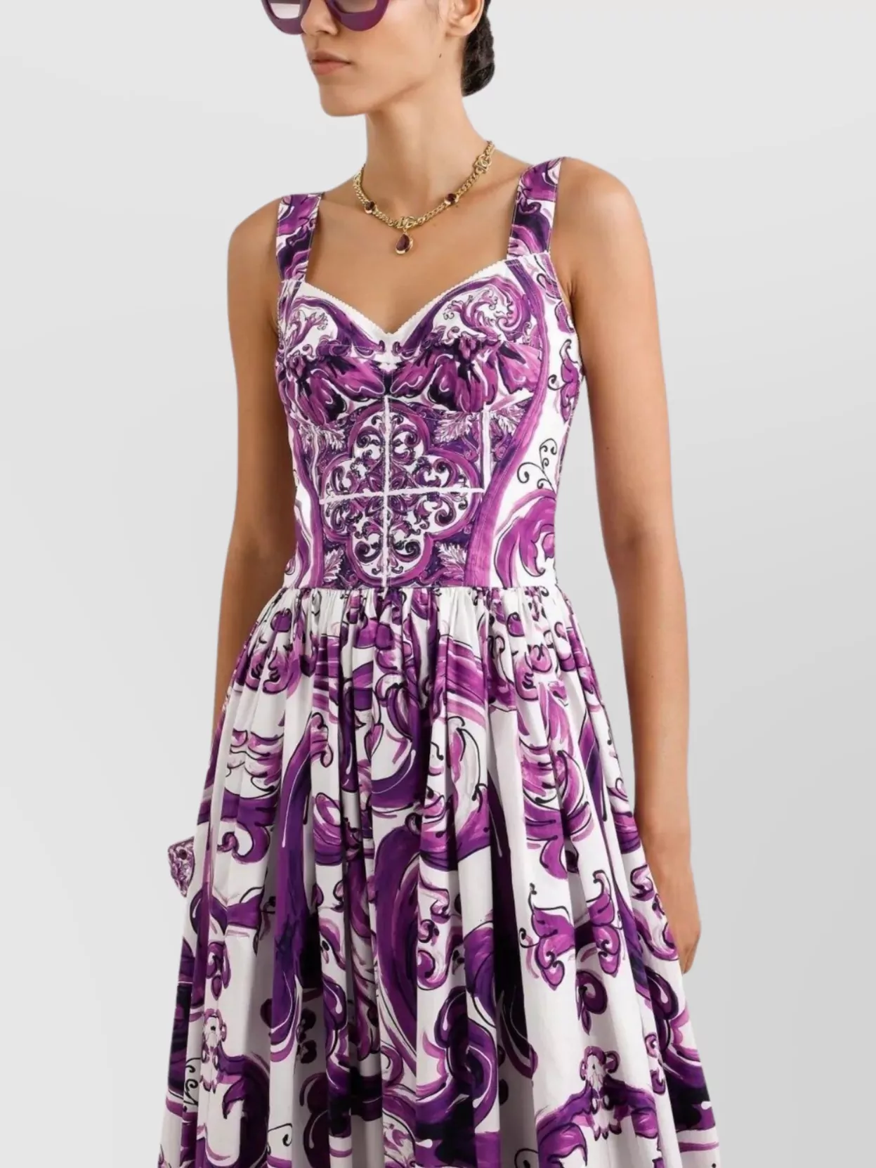 Dolce&Gabbana Printed Flared Midi Dress Sweetheart Neckline