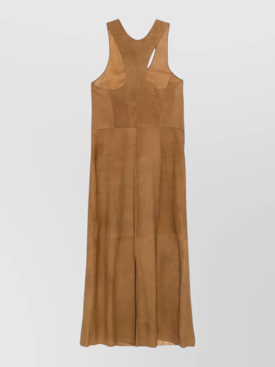 Alysi Suede Leather V-Neck Sleeveless Pleated Maxi Dress