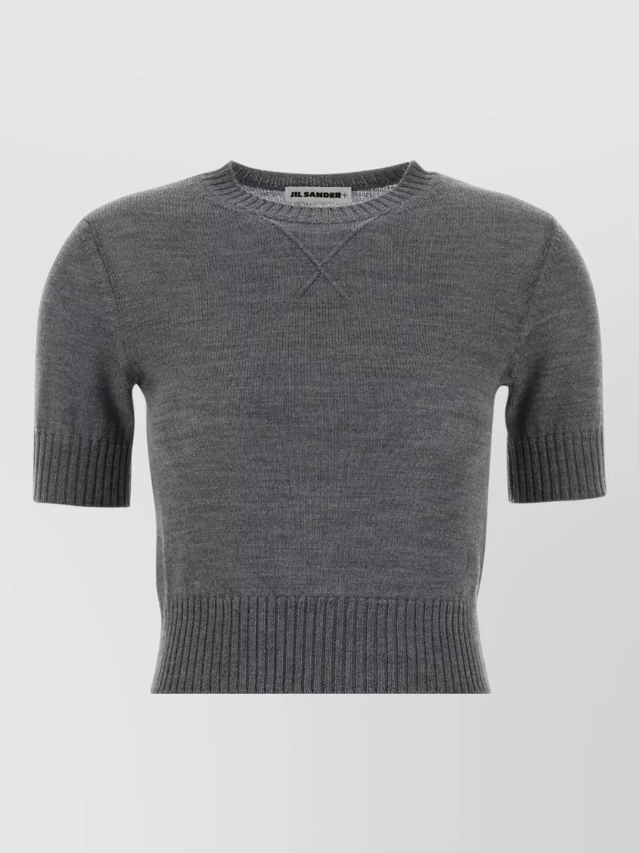 Jil Sander Ribbed Hem And Cuff Wool Crew Neck Top In Gray