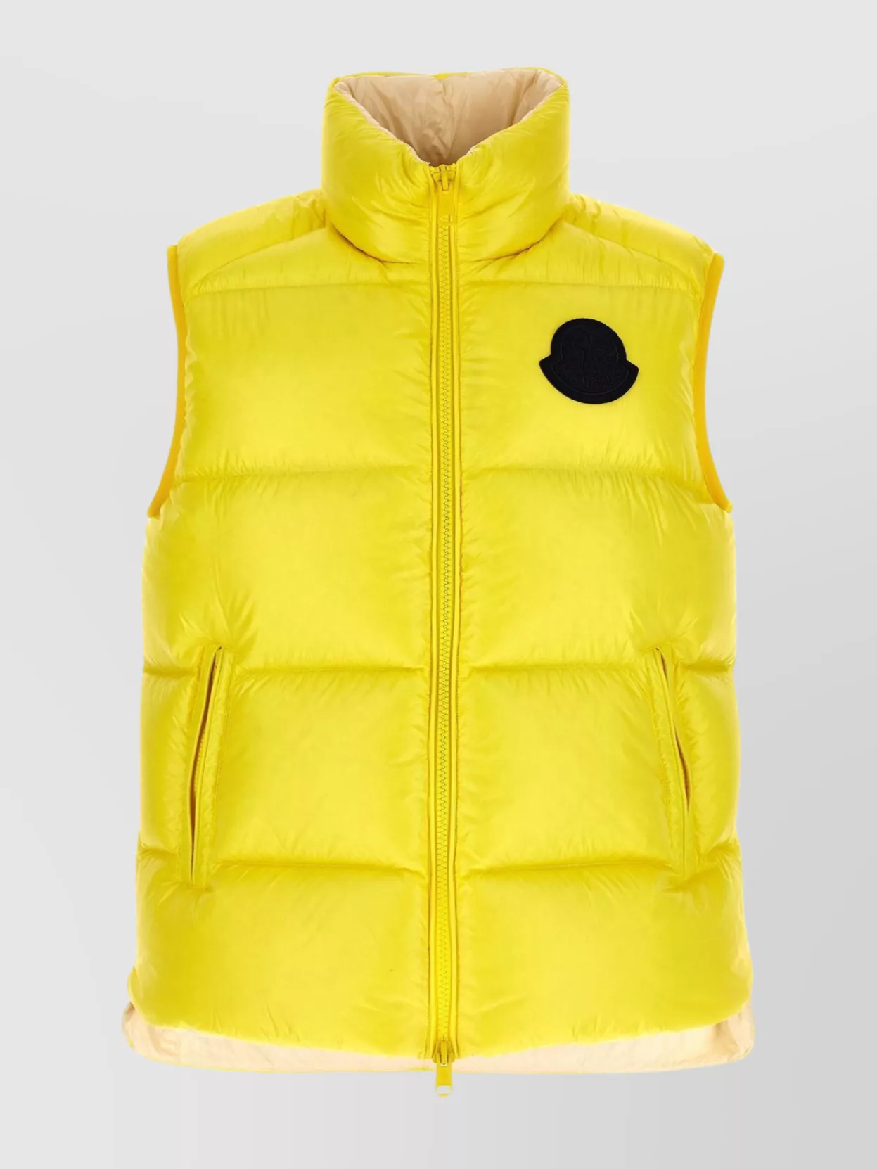 Moncler Sleeveless High Collar Padded Vest With Side Zipper Pockets In Yellow