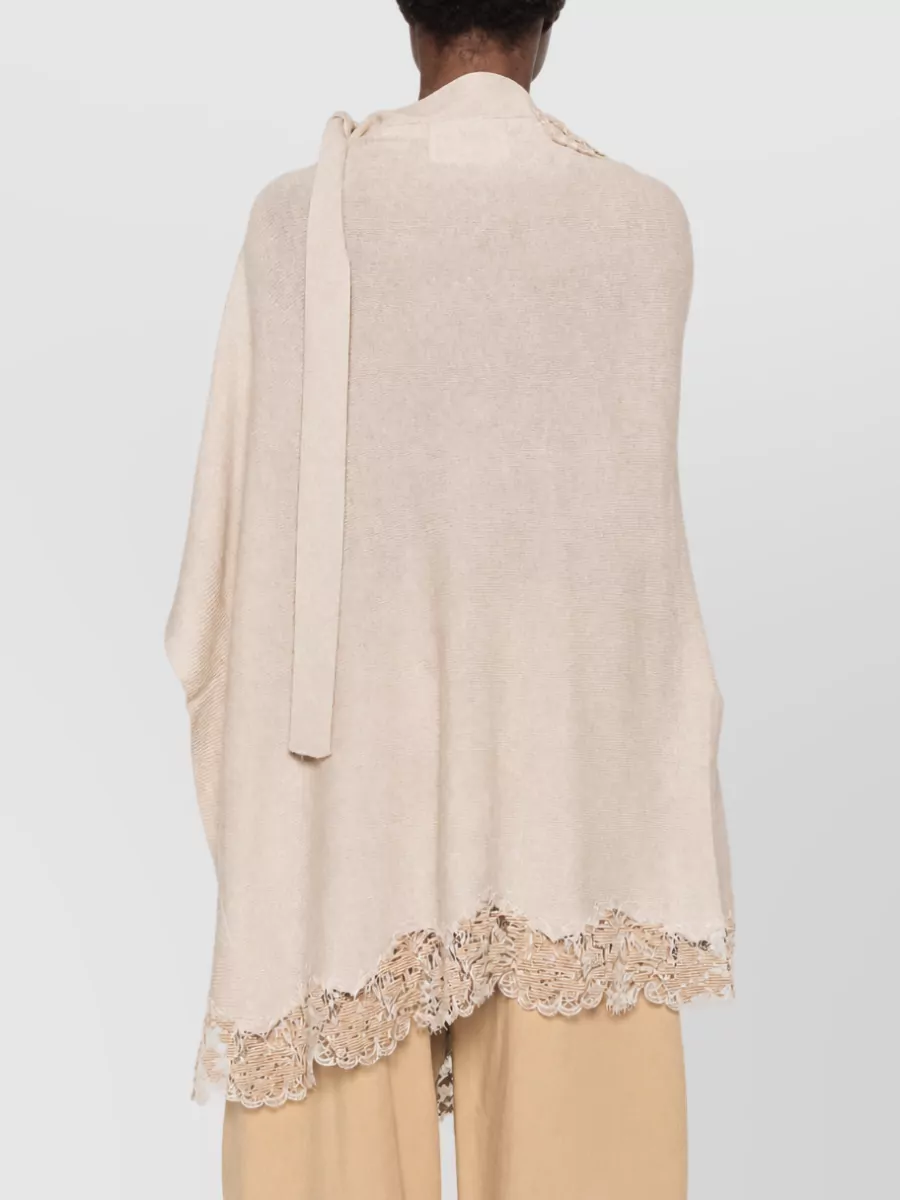 Ermanno Scervino Cashmere Lace Trim High Neck Asymmetric Hem Draped Cape