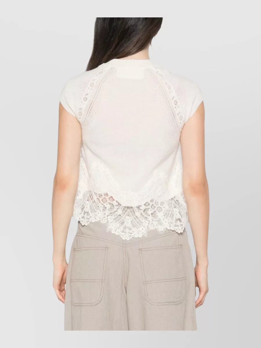 Ermanno Scervino Cashmere Lace-Trim High-Neck Short-Sleeve Knitted Top