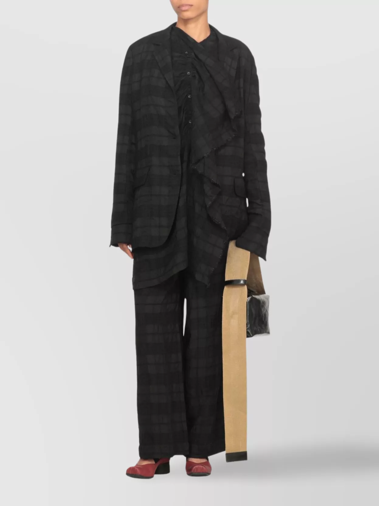 Uma Wang Draped Long Sleeve Checked Blouse In Black
