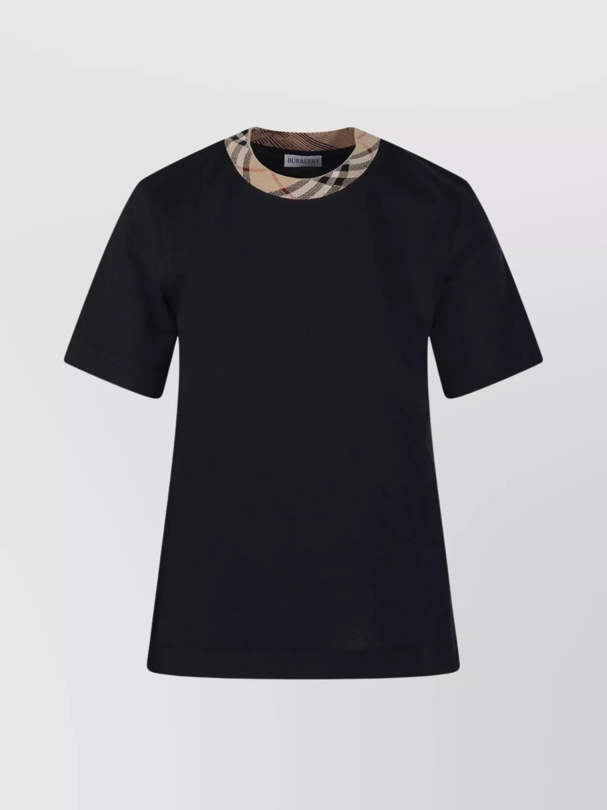 Burberry Black Crewneck T-shirt With Ckeck Motif On The Collar In Cotton Woman In Black