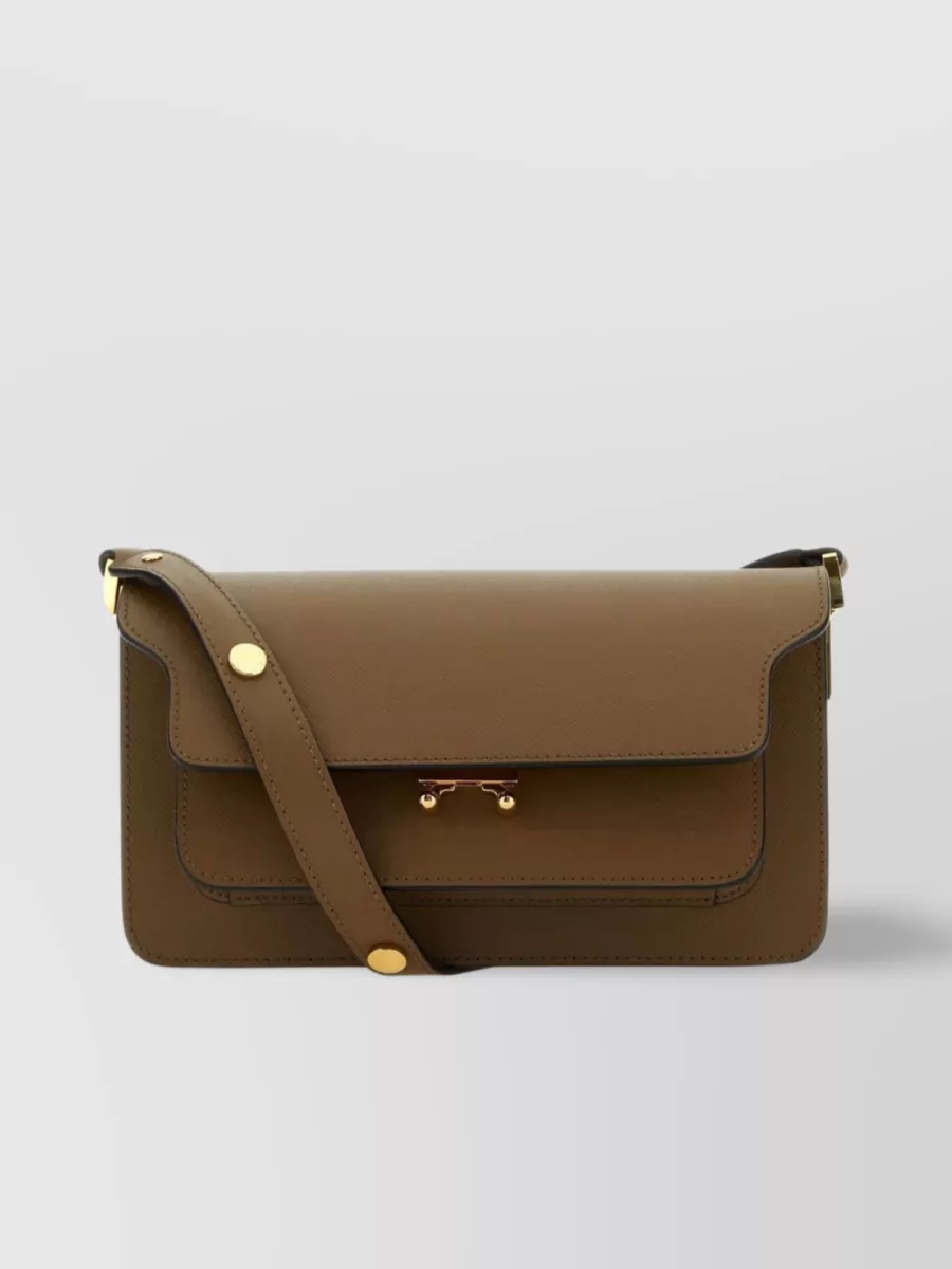 Shop Marni Leather Shoulder Bag With Exterior Pocket In Brown