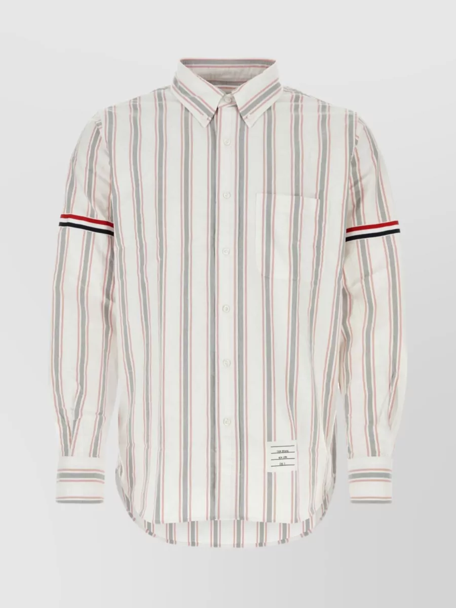 Shop Thom Browne Oxford Shirt With Tricolor Sleeve Bands In Grey